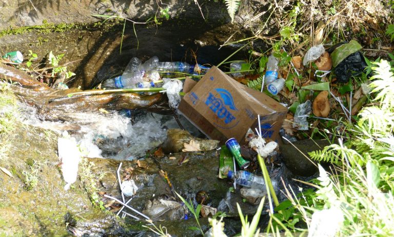 Bachlauf mit Plastikmüll auf Bali